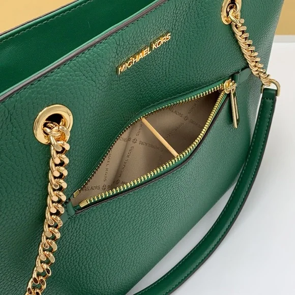 Michael Kors Jet Set Item Medium Front Pocket Shoulder Chain Tote JEWEL GREEN